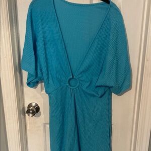 Blue V-Neck Dress with Ring Detail